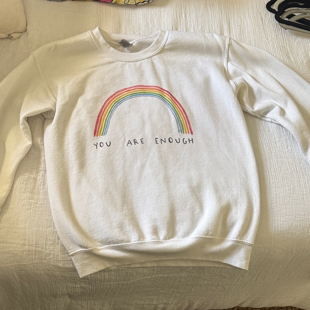 White Sweatshirt with Rainbow Design